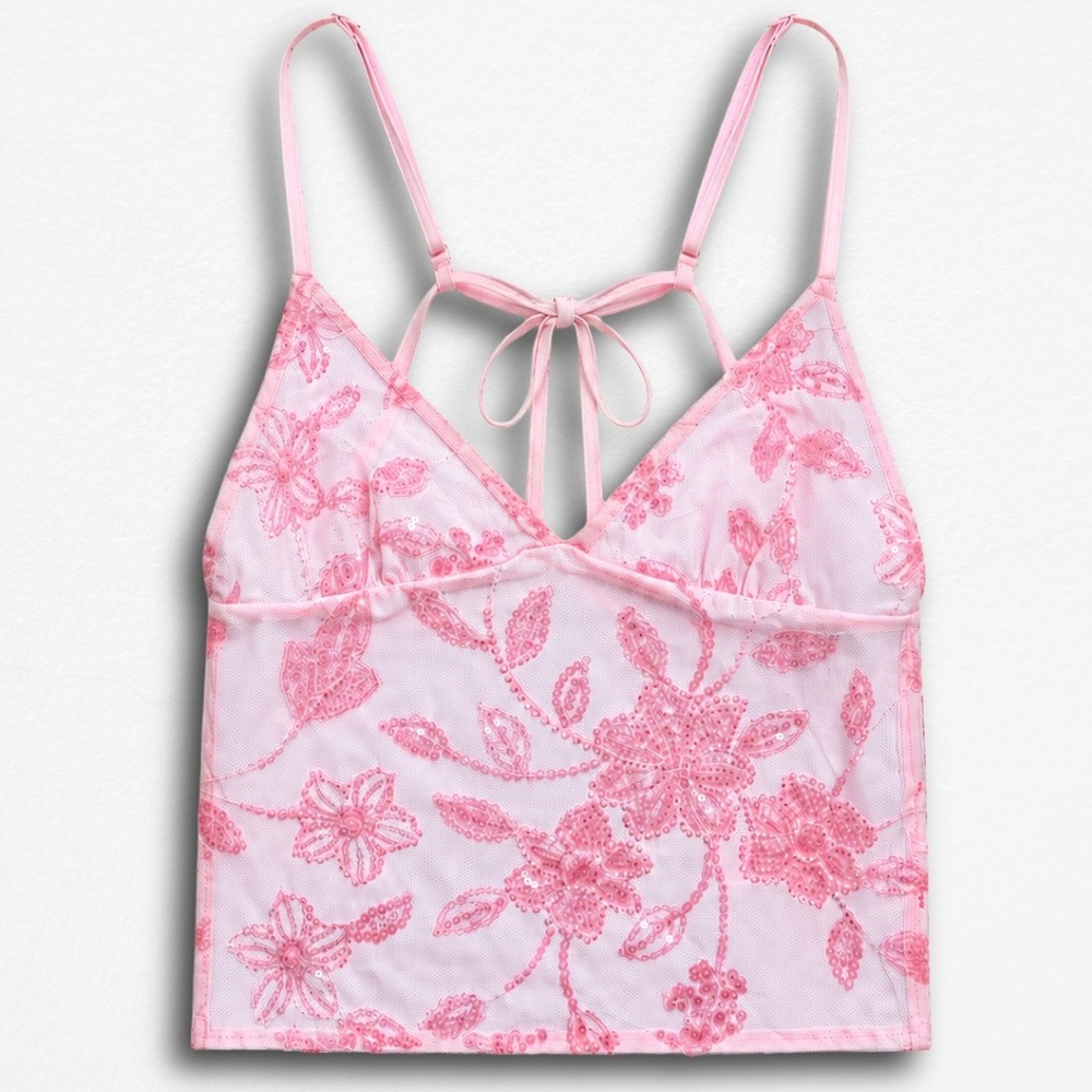 Edikted Pink Sequin Floral Mesh Cami Top V-Neck Tie Back Small Y2K Festival